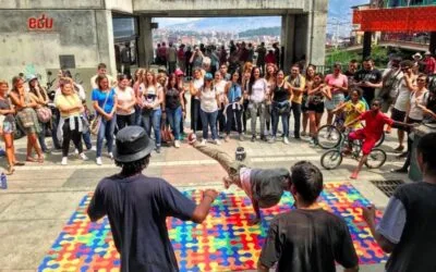 People watching a break dancer in Medellin in Colombia