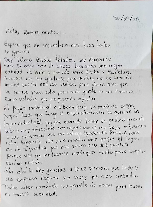 A letter written in Spanish from Telma